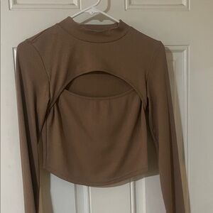 SHEIN Tan Long Sleeve Cutout Crop Top